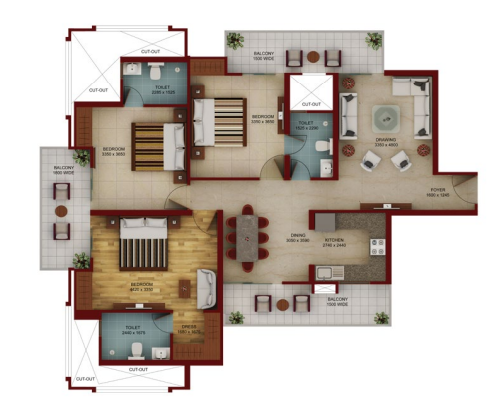 3-BHK Apartment Floor Plan